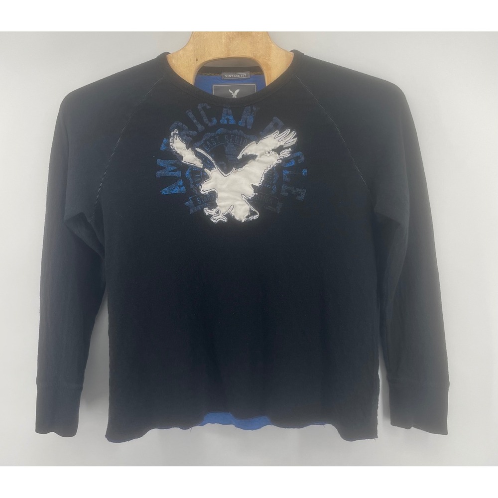 American Eagle Thermal Shirt Men XL Black Blue Distressed Eagle Vintage Fit Y2K